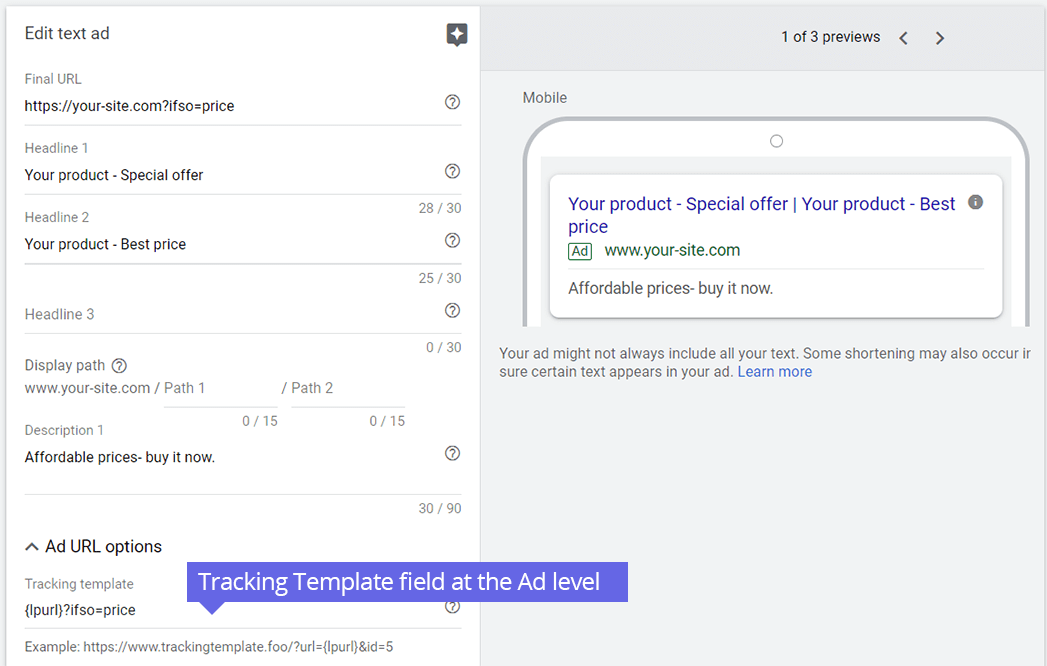 Google Ads Tracking Template field at the Ad Level