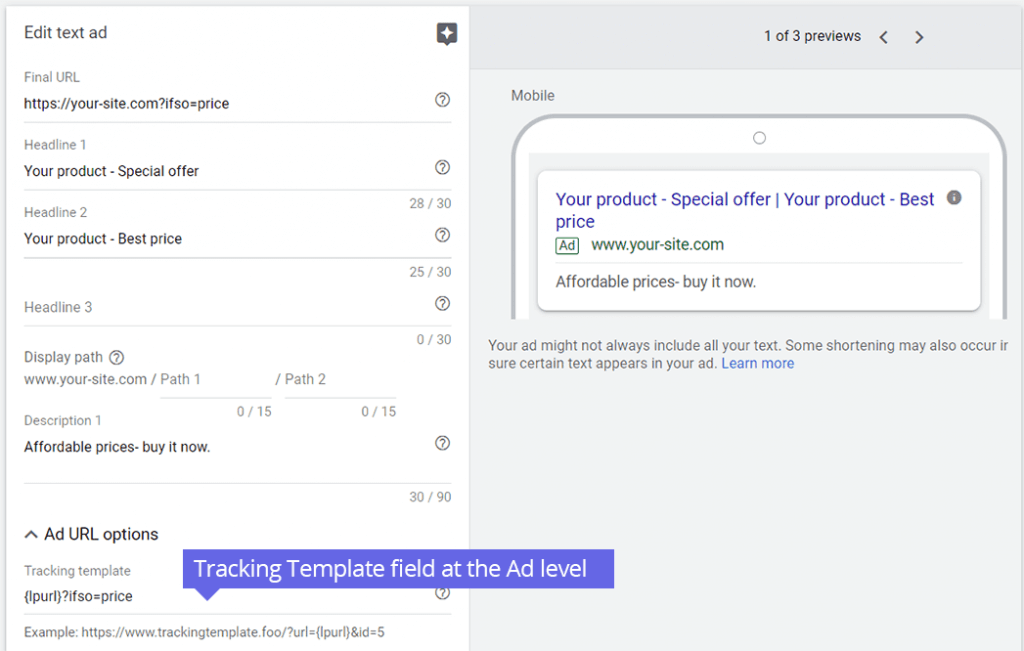 Google Ads Tracking Template field at the Ad Level 1024x651 1