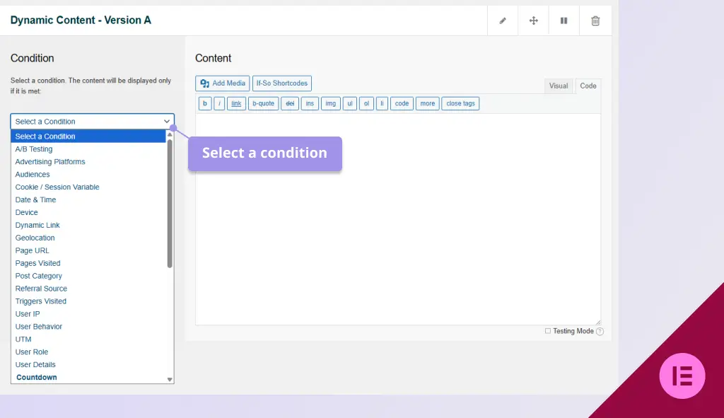 Select a condition elementor trigger