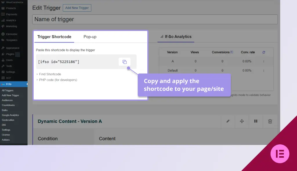 apply the shortcode elementor trigger