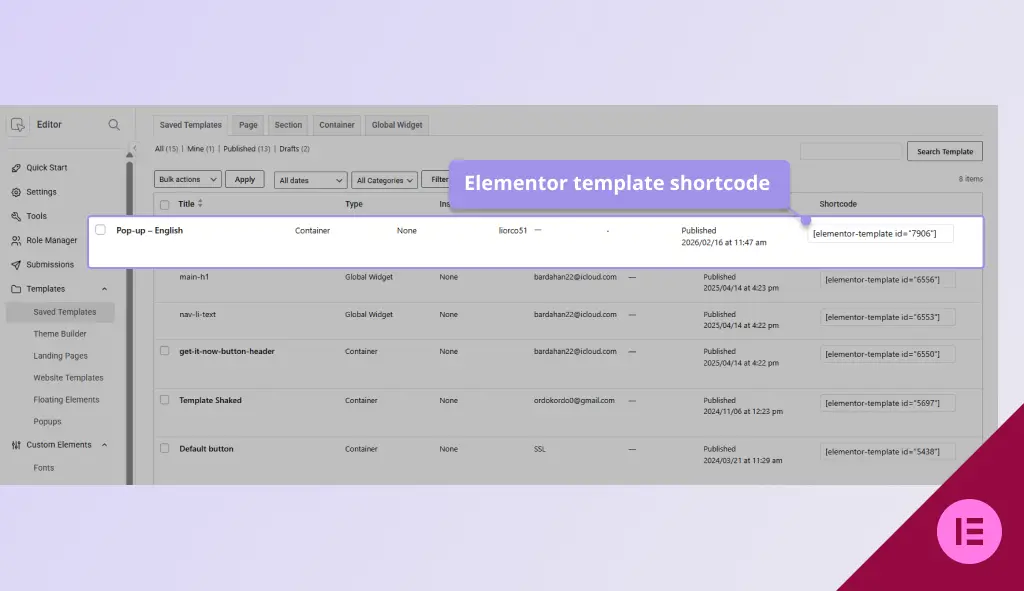 elementor template shortcode 1