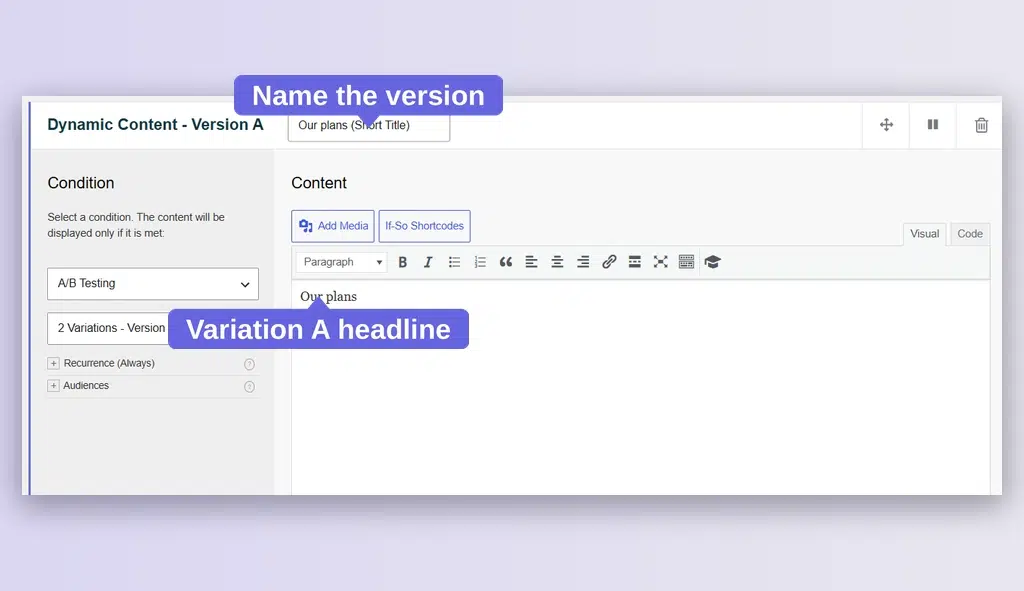 Headline A/B Testing 5 plans ab version a labeled 2